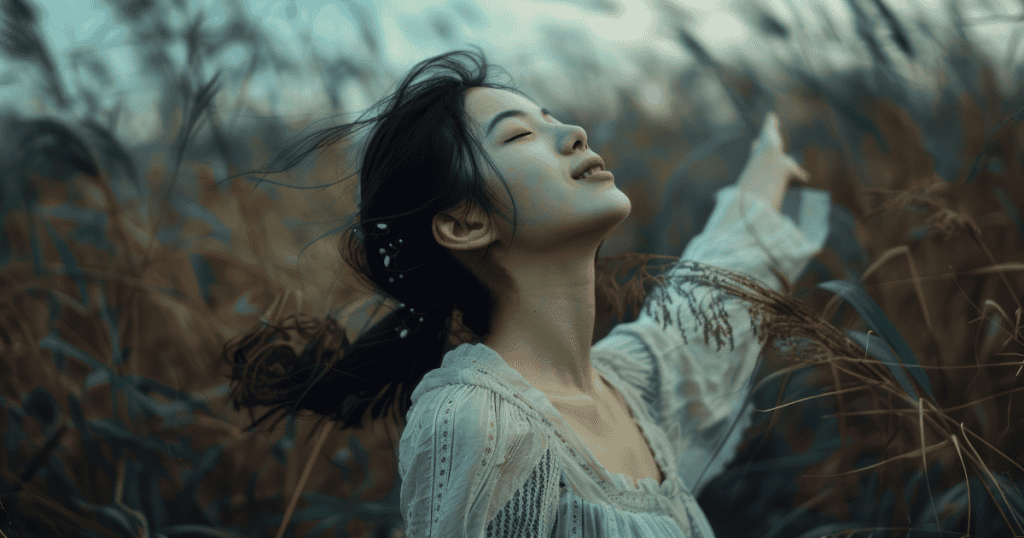 A woman stands in a field of tall grass with her eyes closed and arms outstretched, symbolizing the liberating transition toward emotional recovery.