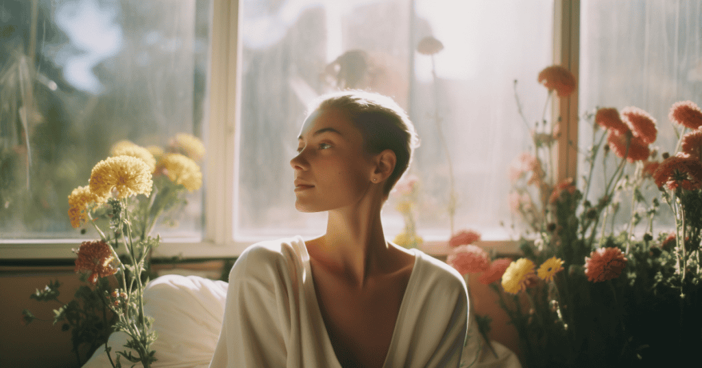 A serene woman is bathed in warm sunlight near blooming flowers, evoking the natural peace and vitality that returns the moment you stop shrinking yourself for others.