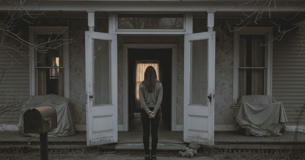 A woman stands with her back to the camera facing the open doors of an weathered house, looking past the exterior into the true interior beyond.