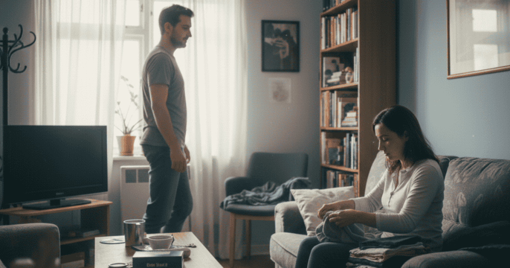 A man stands by a window while a woman sits on a couch folding laundry, a scene of domestic silence that feels like a deliberate emotional withdrawal.