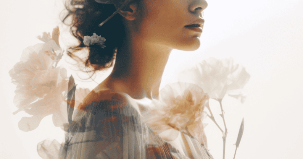 A soft profile of a woman is layered with delicate floral blooms, depicting the blossoming of personal peace as old anxieties recede.