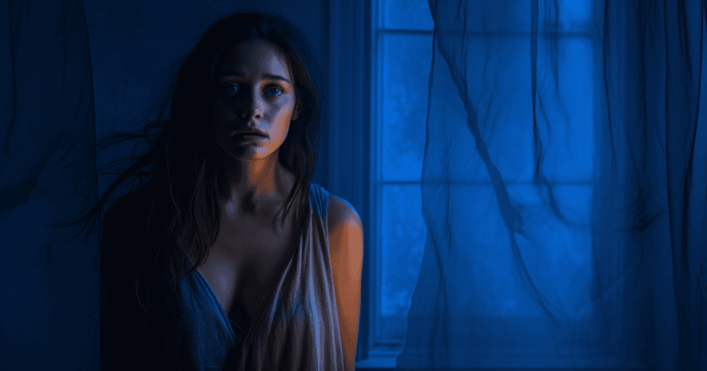 A woman stands in a dark, blue-toned room with sheer curtains blowing around her, her wide-eyed expression suggesting she is realizing the true nature of her surroundings.