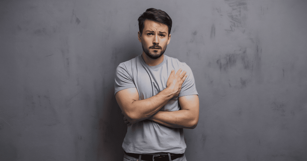 A man stands defensively with his hand on his chest, his posture betraying the struggle to portray a genuineness that he simply cannot fake.