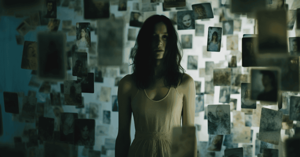 A woman stands amidst a cloud of suspended, blurry photographs, embodying a fractured sense of identity and internal conflict.