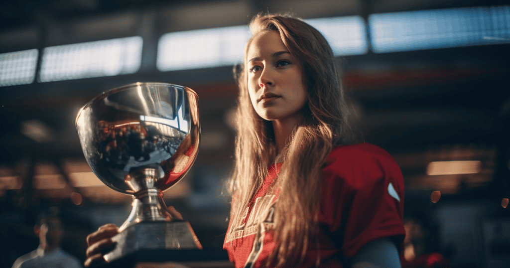 A young woman in a sports uniform holds a large silver trophy with a somber expression, suggesting that her merit is tied strictly to her external achievements.