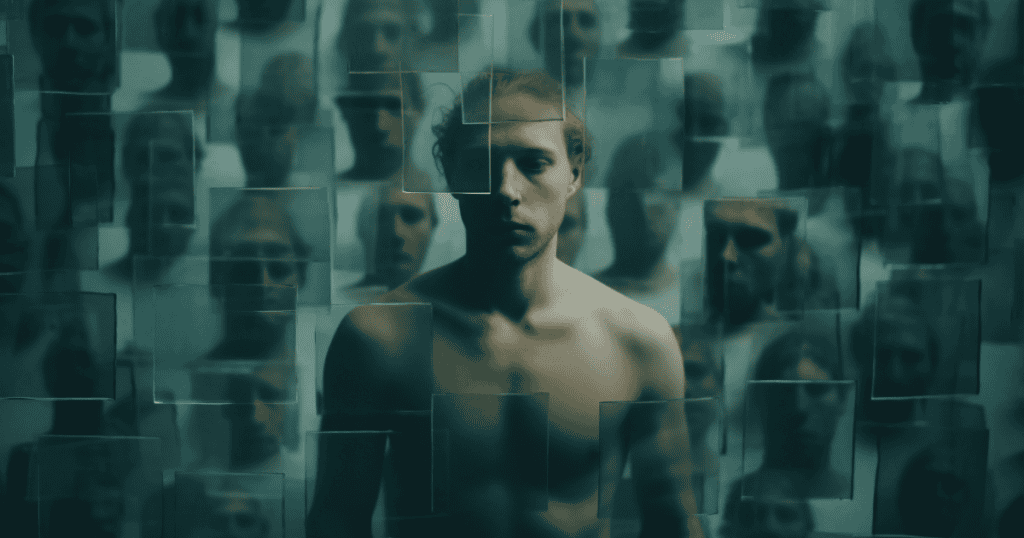 A man stands surrounded by floating glass panes reflecting fragmented faces, illustrating a fractured identity nearing a complete internal transition.