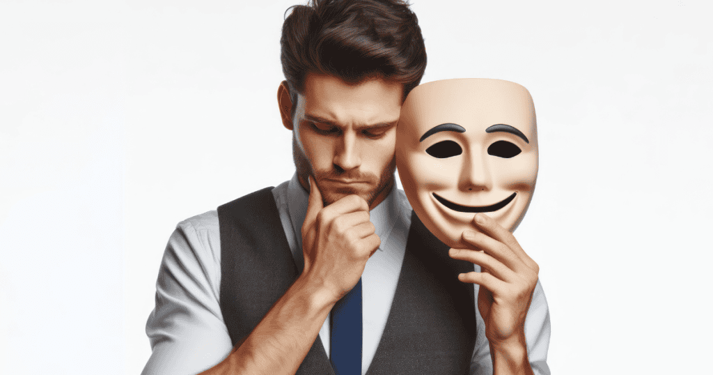 A pensive man in a vest holds a smiling mask away from his face, contemplating which persona to present to the world next.