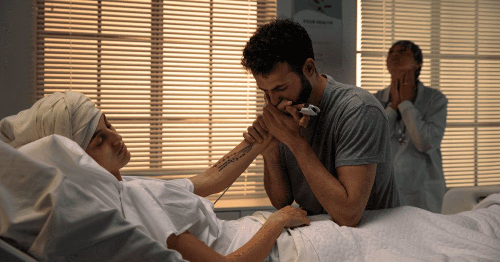 A hospitalized woman lies weak in bed while her partner performs visible concern as a doctor watches, reflecting how narcissists show care only when others are present.