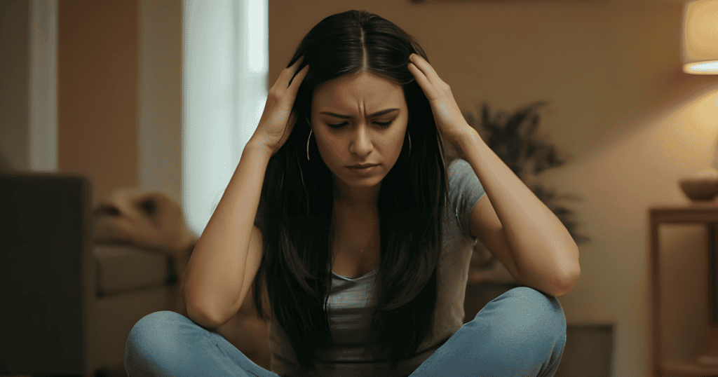 A woman sits on the floor with her head in her hands; her internal struggle reflects a mind preoccupied with self-policing every thought.