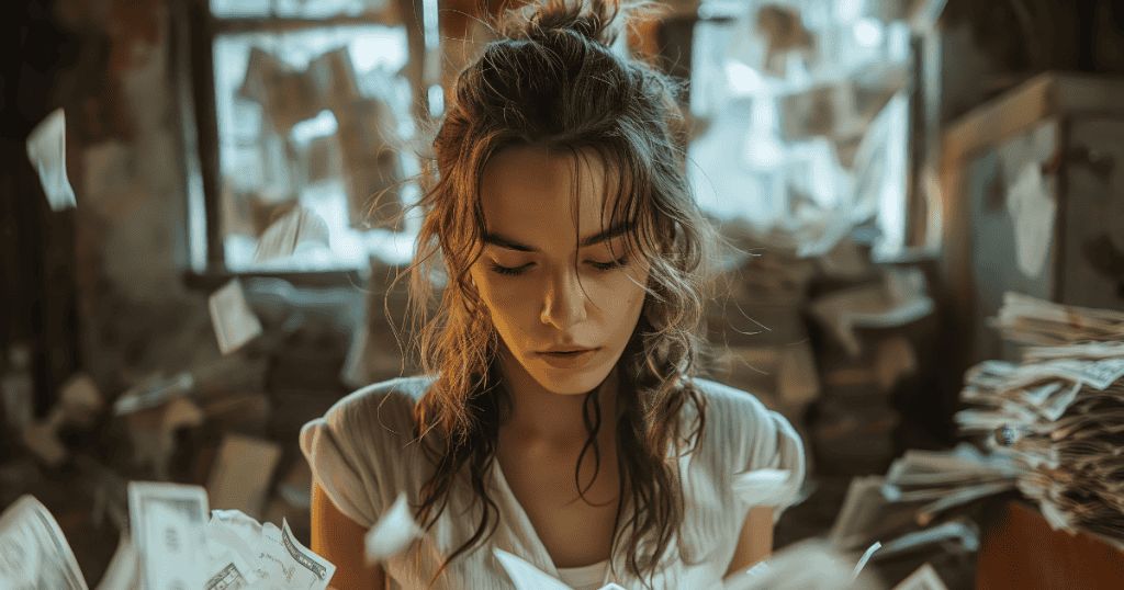 A woman stands calmly amidst a flurry of falling papers, looking downward as she mentally detaches from the surrounding chaos.