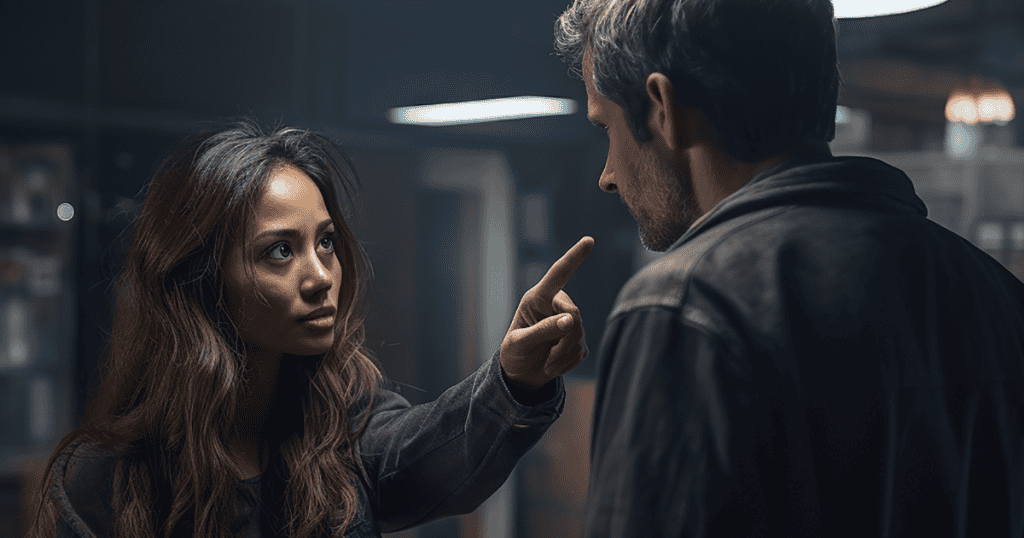 A woman gazes steadily at a man with her finger raised, signaling a firm boundary against accepting external narratives as her own.