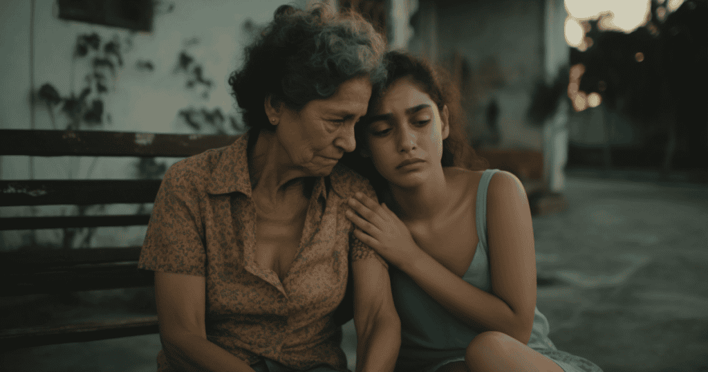 An older woman rests her head on a younger womanโs shoulder while seated outdoors, capturing a moment where shared sorrow begins to outweigh the memory of another.