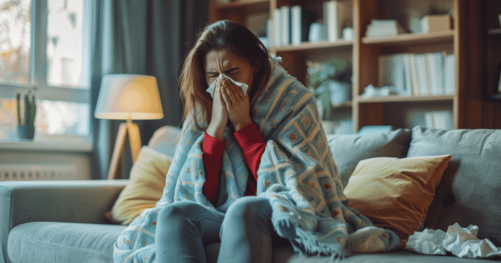 A sick woman sits alone on a couch wrapped in a blanket, covering her face with a tissue, illustrating how responsibility is quietly shifted onto the ill person until they fade from view.