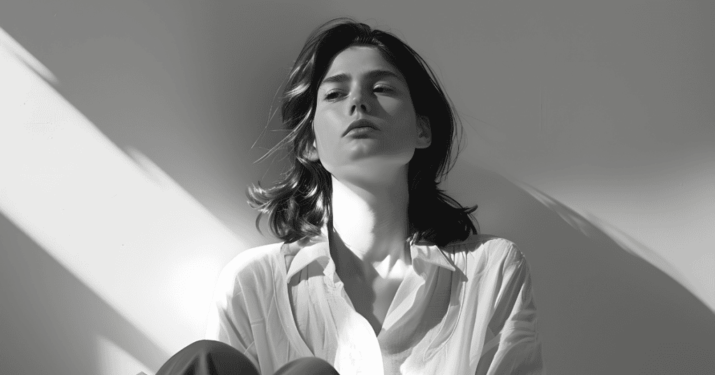 A woman in a white shirt looks upward into a beam of light; her defiant expression marks a shift toward personal clarity over external expectations.
