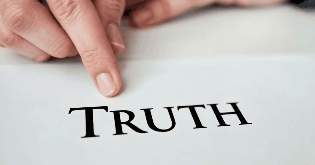 A close-up shows a finger pointing firmly to the word "TRUTH" on a piece of paper, emphasizing a conviction that requires no external validation.