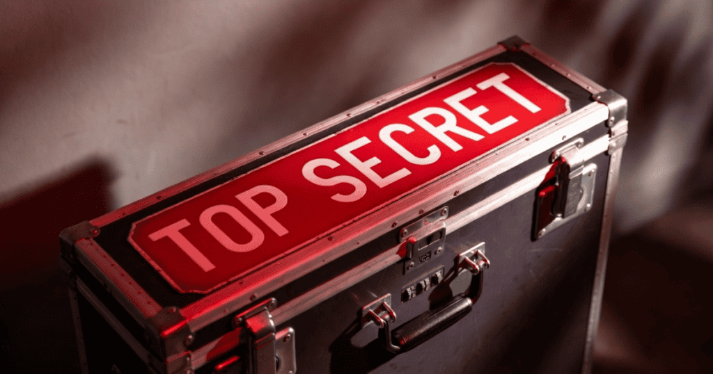 A locked case marked “Top Secret,” symbolizing the hidden truths and guarded secrets a narcissist deliberately keeps from those closest to them.
