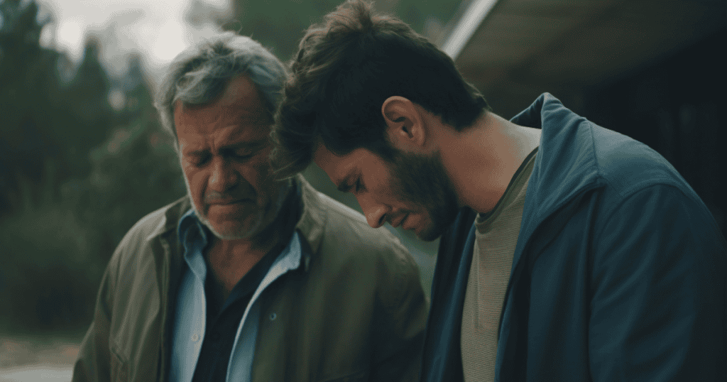 Two men stand outside in muted light with their heads bowed in a somber conversation, revealing the weight of things left unsaid until it was too late.
