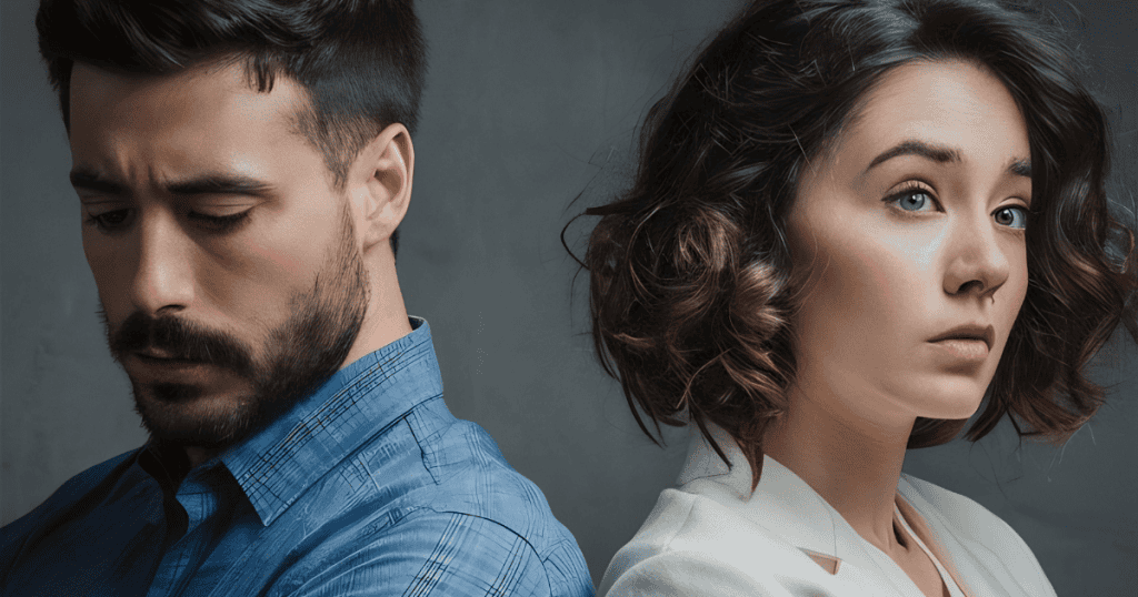 A man looks down in shadow while a woman in a white blazer stares forward with resolve; their back-to-back positioning marks a clear psychological divide.