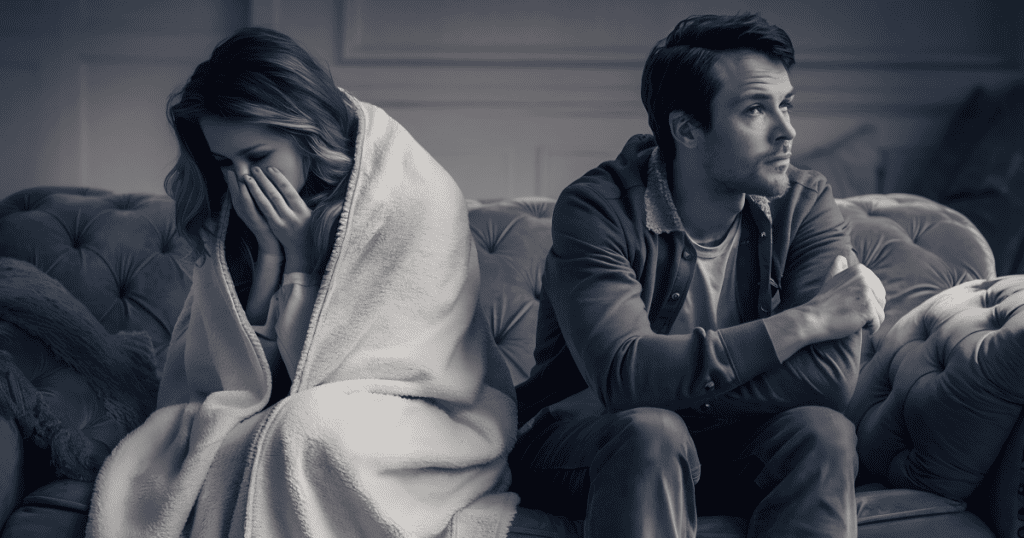 A sick, distressed woman wrapped in a blanket sits turned away from an emotionally detached partner, illustrating how narcissists withdraw, lack empathy, and become cold when you’re unwell.