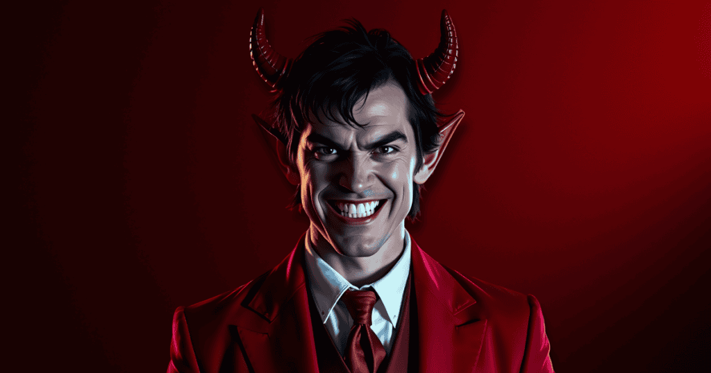 A man in a red suit with horns and a sharp, exaggerated grin stares forward, personifying the predatory nature concealed beneath a polished exterior.