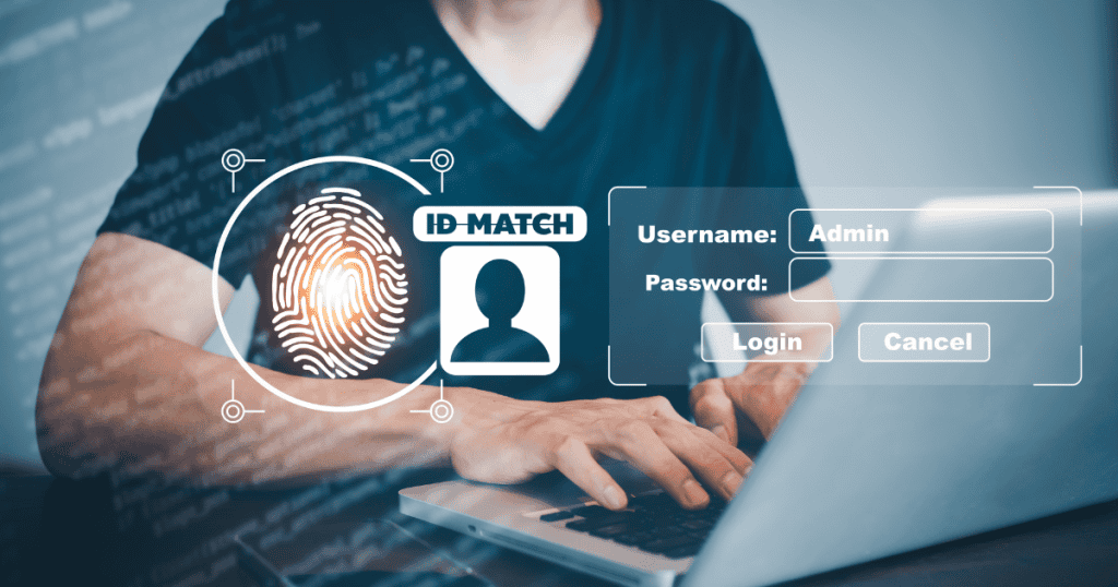 Hands type on a laptop overlaid with a digital fingerprint and login interface, representing the technical and deliberate process of recovering a compromised internal system.