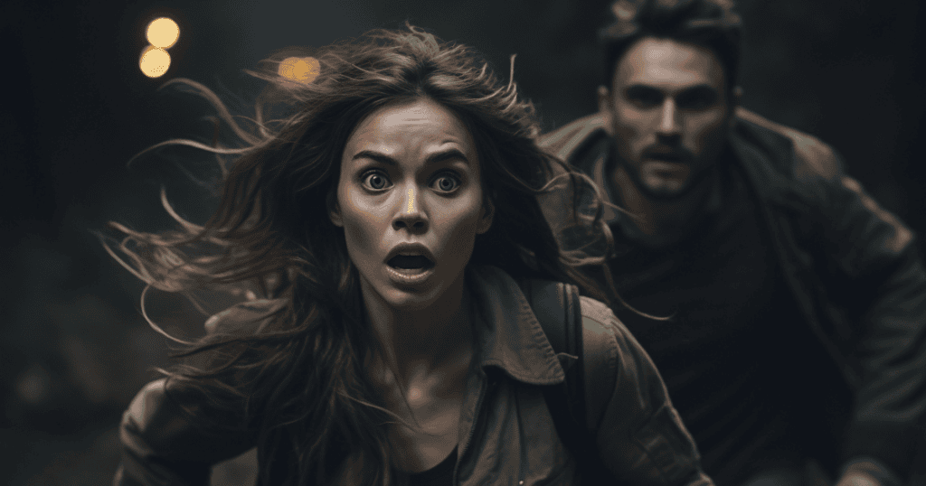 A woman with a panicked expression runs forward while a man follows in the dark background, symbolizing a frantic moment of detachment from a shadow.