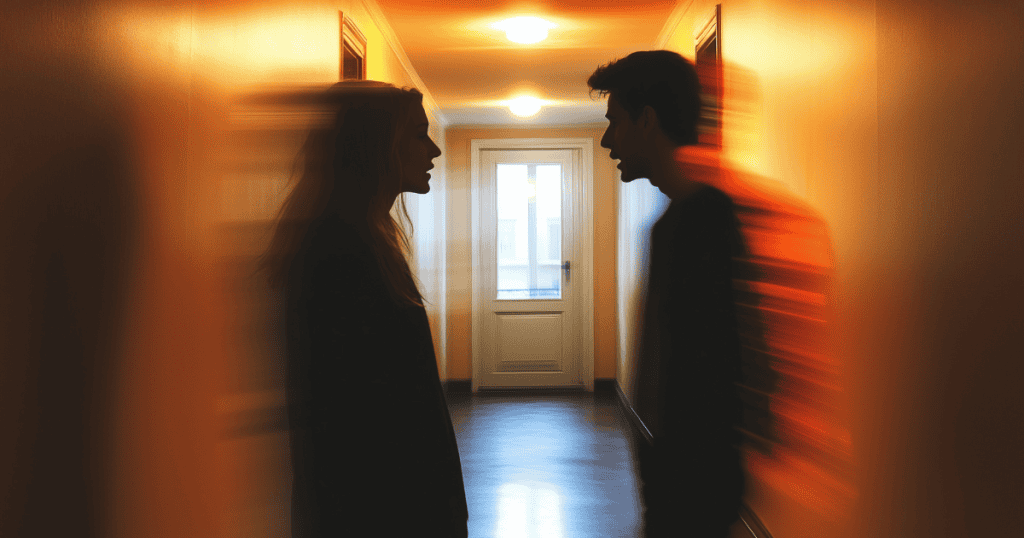 Two blurred figures face each other in a glowing, orange-lit hallway, representing the hazy transition of moving toward an exit.