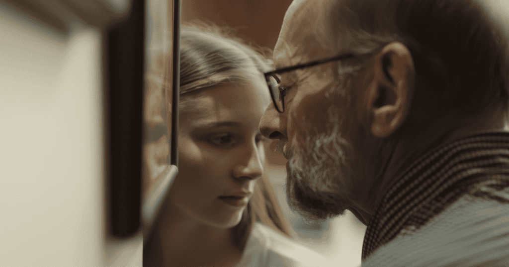An older man leans uncomfortably close to a young woman's face, his looming presence creating a quiet, claustrophobic pressure.