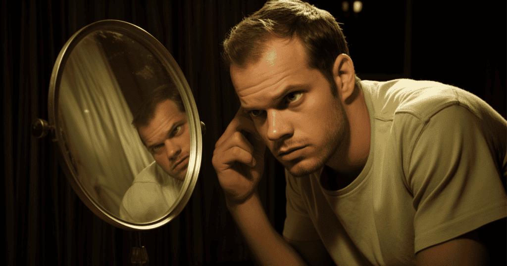 A man stares intensely at his own reflection in a small vanity mirror, his furrowed brow reflecting a fixation that never leaves the glass.