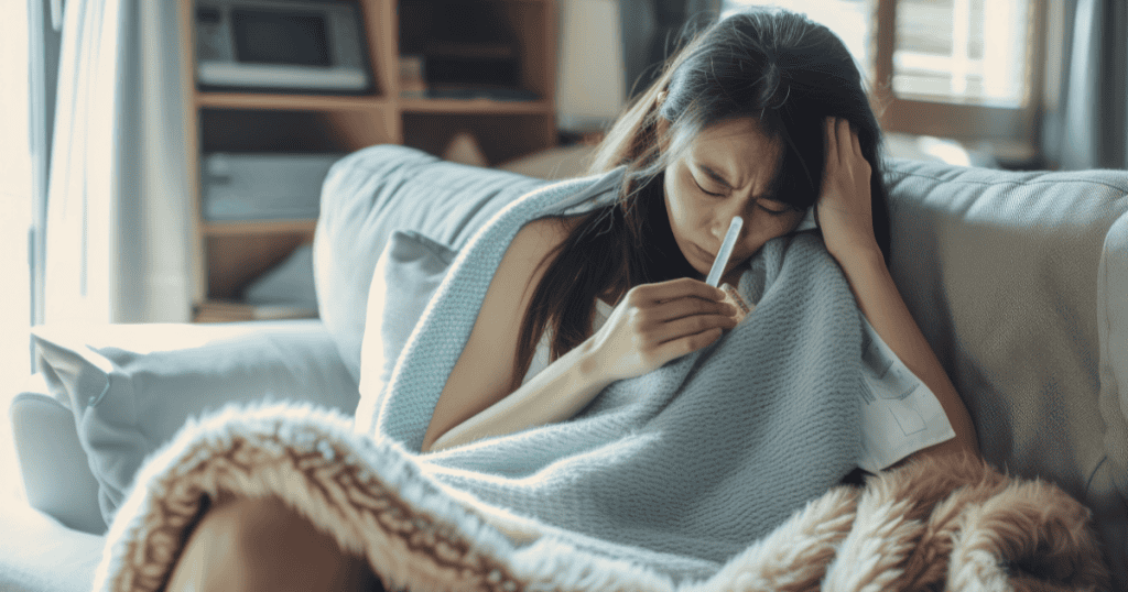 A woman huddled under a blanket while checking a thermometer, a moment of physical distress that effectively draws focus back to her immediate needs.