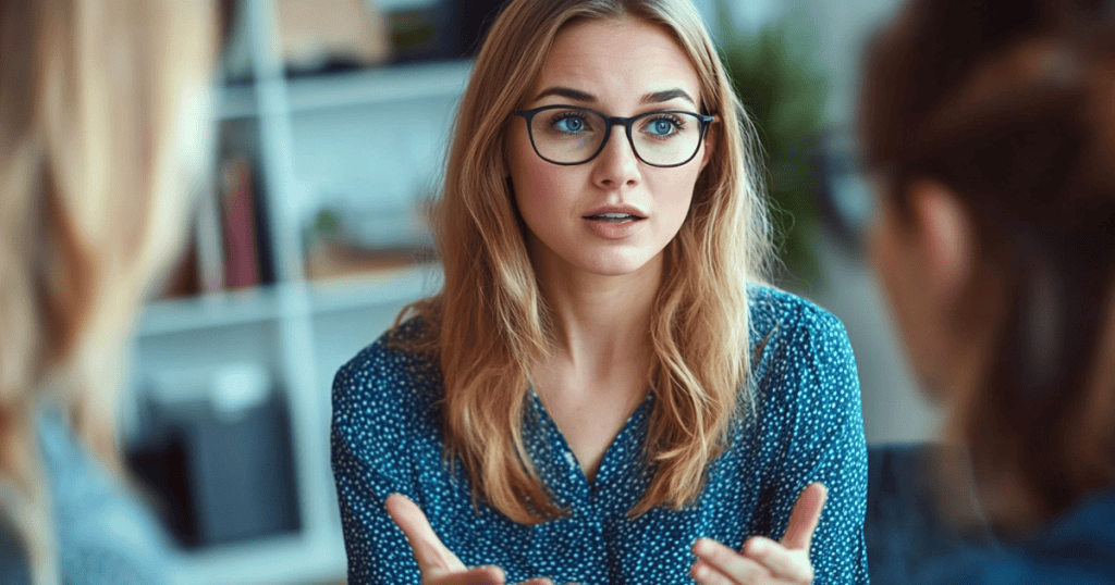 A woman in glasses gestures emphatically while speaking to others, her focused expression suggesting an exhaustive attempt to be understood.