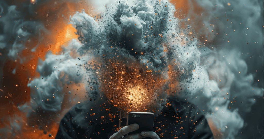 A person’s head erupts into a chaotic explosion of smoke and glowing embers while they hold a smartphone, reflecting a mind overwhelmed by distorted perceptions.