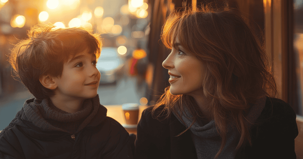 A mother and son share a warm, gaze-filled moment in a sun-drenched cafe, illustrating the quiet comfort of a trust-filled connection.