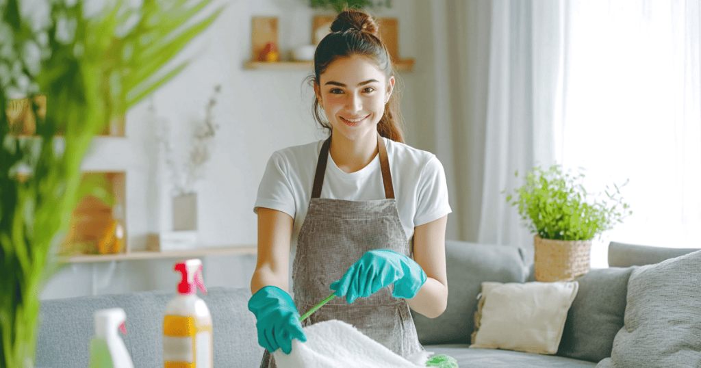 A smiling woman in an apron and teal gloves prepares to clean a bright living room, reflecting the pretend high spirits of a doing household tasks.