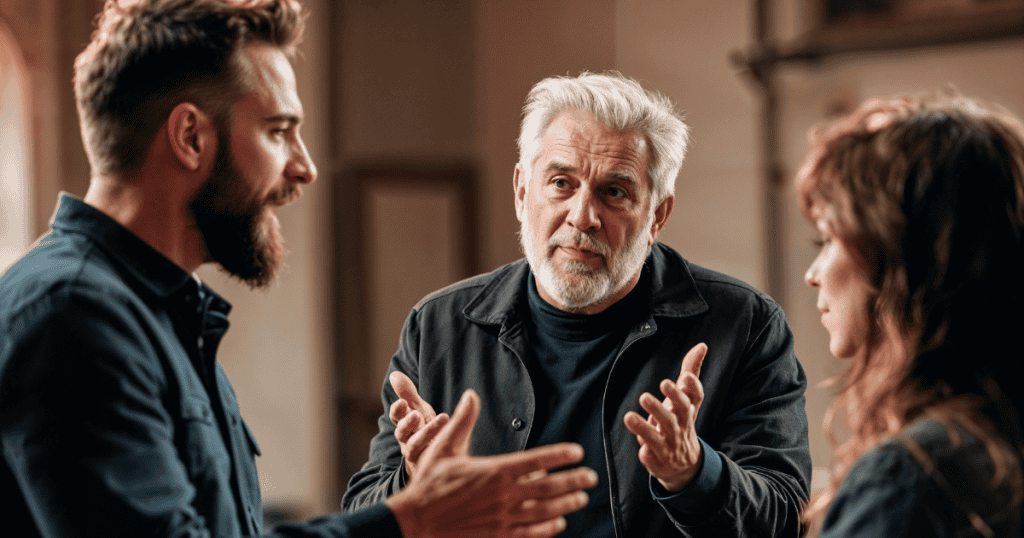 Three people are engaged in an intense, gesturing conversation, capturing a moment of guarded social hesitation.