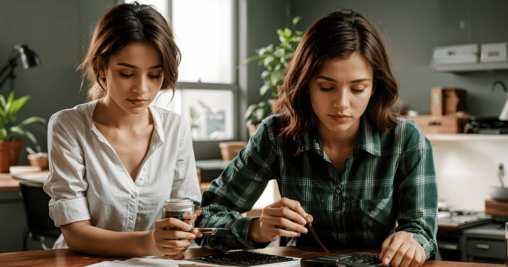 Two women sit at a wooden table reviewing financial documents with somber expressions, reflecting a growing sense of hesitation and scrutinized self-worth.