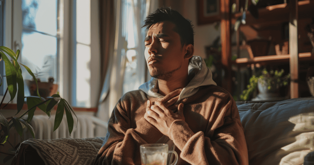A man clutching his throat and chest in a sunlit room, his pained expression signaling a sudden shift in priority toward his own condition.