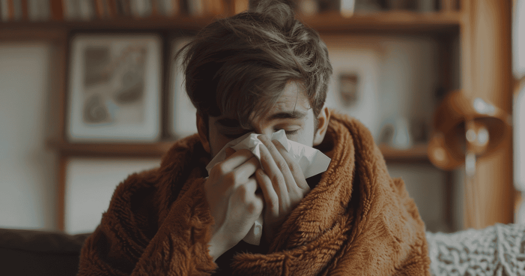 A person wrapped in a heavy blanket while sneezing into a tissue, presenting a visible display of frailty that demands an outside observer's validation.
