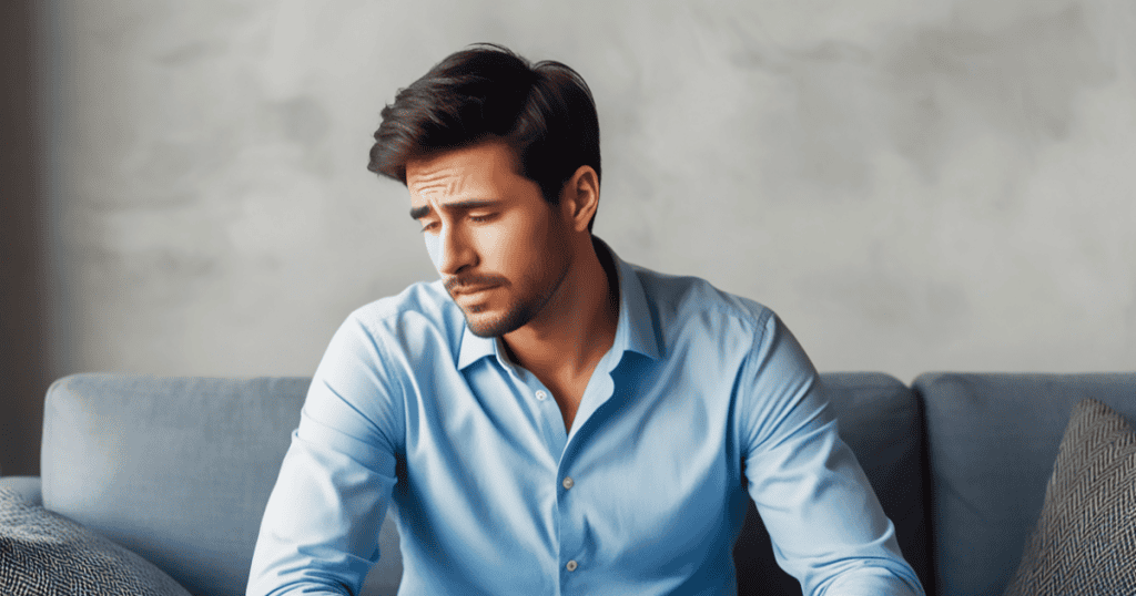 A man in a blue shirt looking downward with a worried and somber expression, his vulnerable posture serving as a silent metric for another person's devotion.