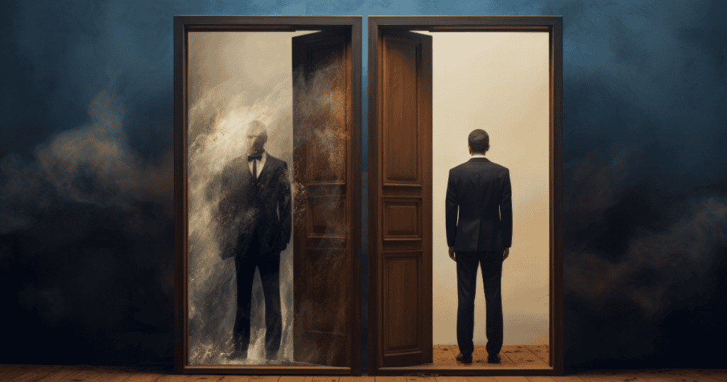 A man in a suit stands before two open doorways—one clear and one obscured by dust—symbolizing the stark contrast between two different realities.