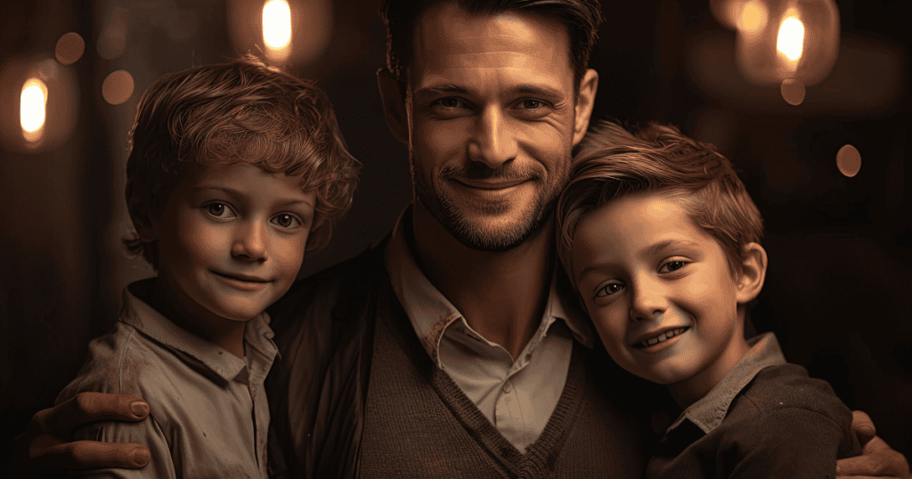 A smiling man warmly embraces two young boys in a dimly lit room, capturing a moment of profound connection and shared identity.