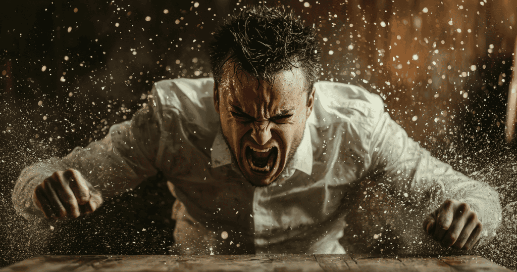 An intense man screams while slamming his fists onto a wooden table, capturing a moment of volatile, unravelling frustration.