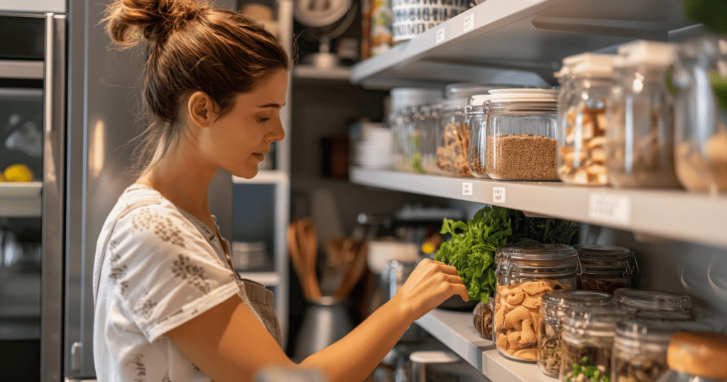 A woman in an apron reaches for a jar in a meticulously organized pantry, her brow furrowed as if mentally replaying a recent confrontation.