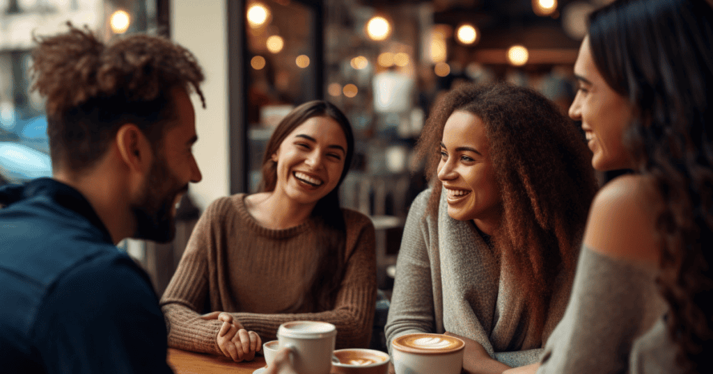 A group of friends laughs together at a table, though the central gaze carries a sharp, competitive edge disguised as humor.