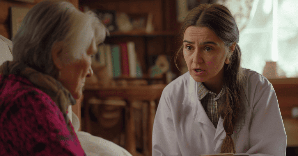 A younger woman in a white coat speaks urgently to an elderly woman, her wide-eyed expression suggesting a lingering sense of hyper-vigilance.