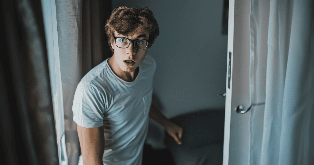 A young man with glasses peers wide-eyed through a doorway, his startled expression capturing the moment a secret intrusion is nearly discovered.