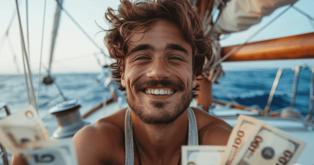 A man laughs joyfully while clutching handfuls of cash on the deck of a sunny sailboat, embodying a world where personal indulgence knows no limits.