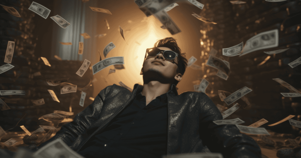 A man in sunglasses reclines as banknotes rain down around him in a dark, vaulted room, illustrating a total preoccupation with one's own abundance.