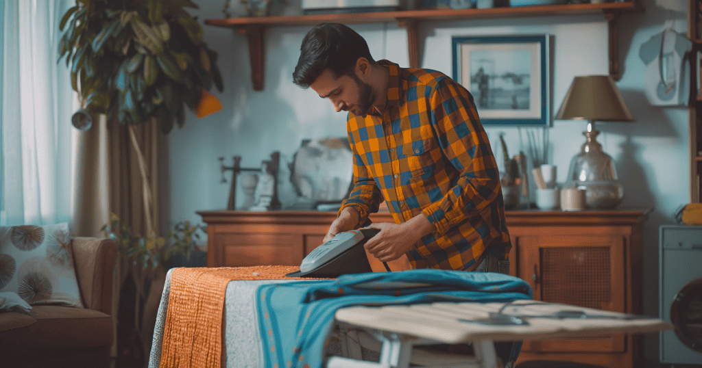 A man in a flannel shirt carefully irons a blue garment, demonstrating the pretentious act of being committed to chores.
