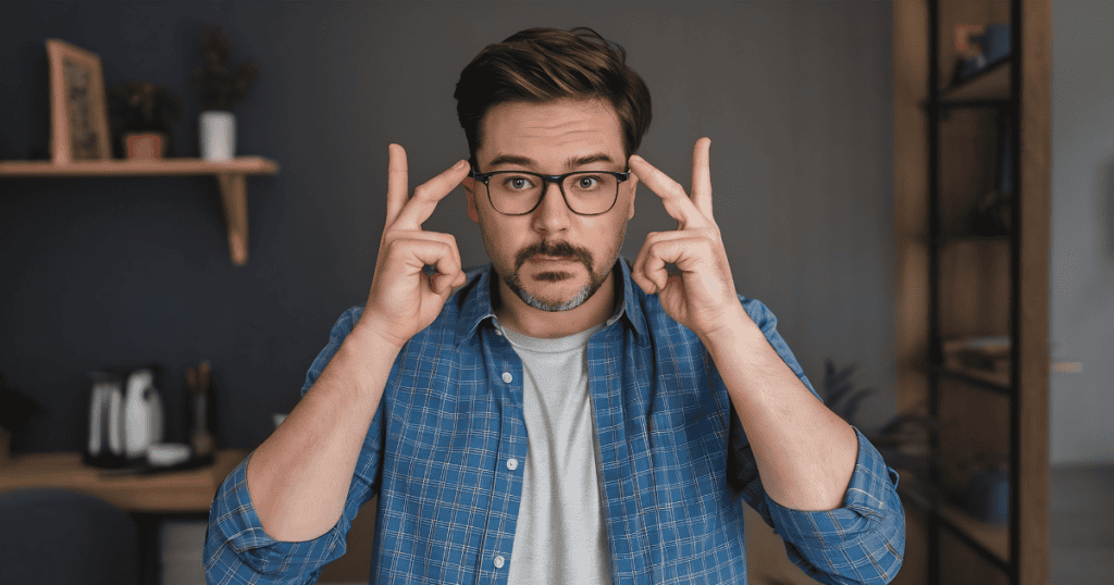 A man adjusts his glasses with exaggerated precision, adopting a calculated posture intended to signal intellectual authority.